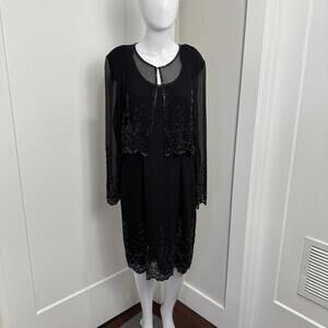 Elegant Black Long Sleeve Dress Set with Sheer Overlay and Embellishments Sz PM